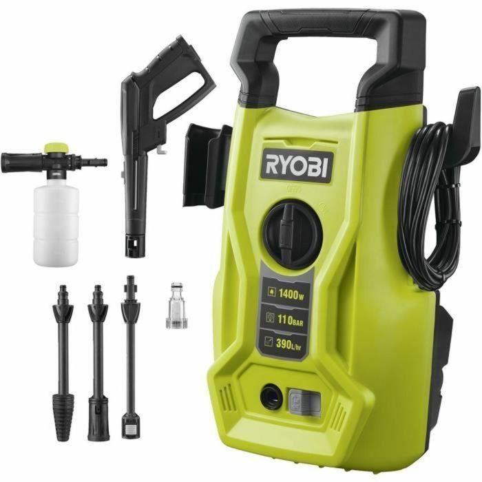 Hidrolimpiadora de alta presión - RYOBI - 1400 W - 110 bares - 390 L - Manguera de PVC de 5 m - Lanza Vario - Lanza Turbo - Boquilla detergente 0,35 L