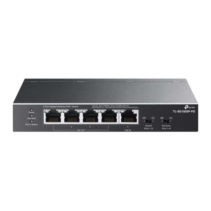 TP-LINK Switch Gigabit de Sobremesa de 5 Puertos con 1 Puerto Poe++ de Entrada y 4 Puertos Poe+ de Salida Puerto: 4× Puertos Gigabit Poe+ de Salida, 1× Puerto Gigabit Poe++ de Entrada Spec: Los Puertos de Salida Poe Soportan 802.3Af/At, El Puerto De