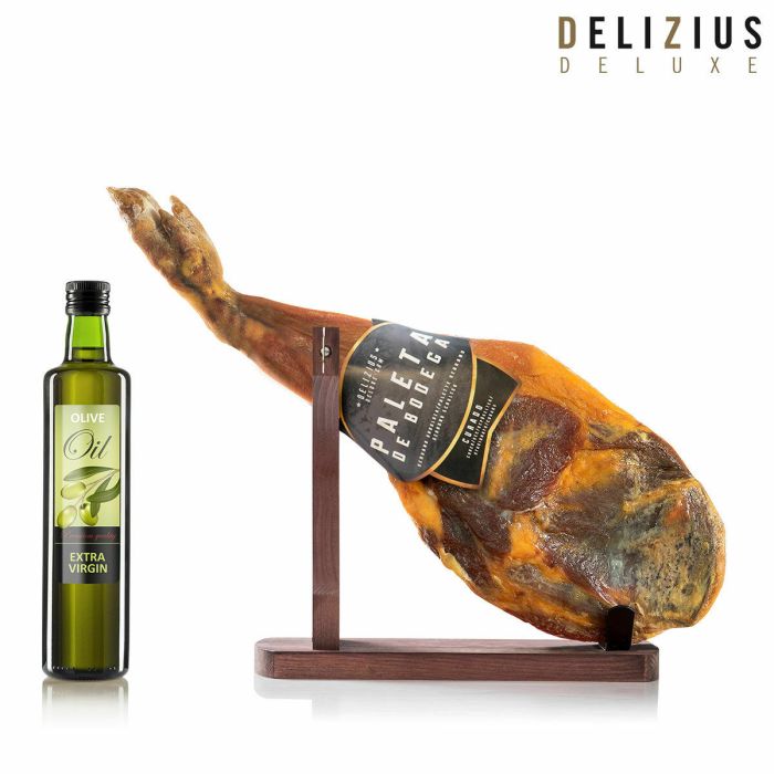 Set de Paleta Curada de Bodega, Aceite de Oliva y Jamonero Delizius Deluxe Set de Paleta Curada de Bodega, Aceite de Oliva y Jamonero Delizius Deluxe