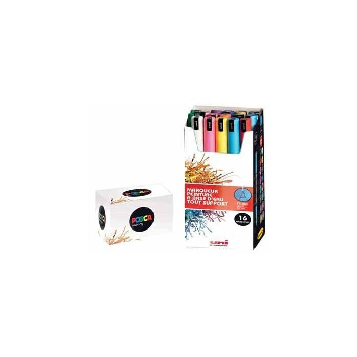 POSCA PC-1MR Set de 16 Rotuladores de Pintura, Punta Redonda Fina 0.7mm, Colores Surtidos: Negro, Azul, Oro, Verde, Naranja, Rosa, Rojo, Plata, Violeta, Blanco, Amarillo