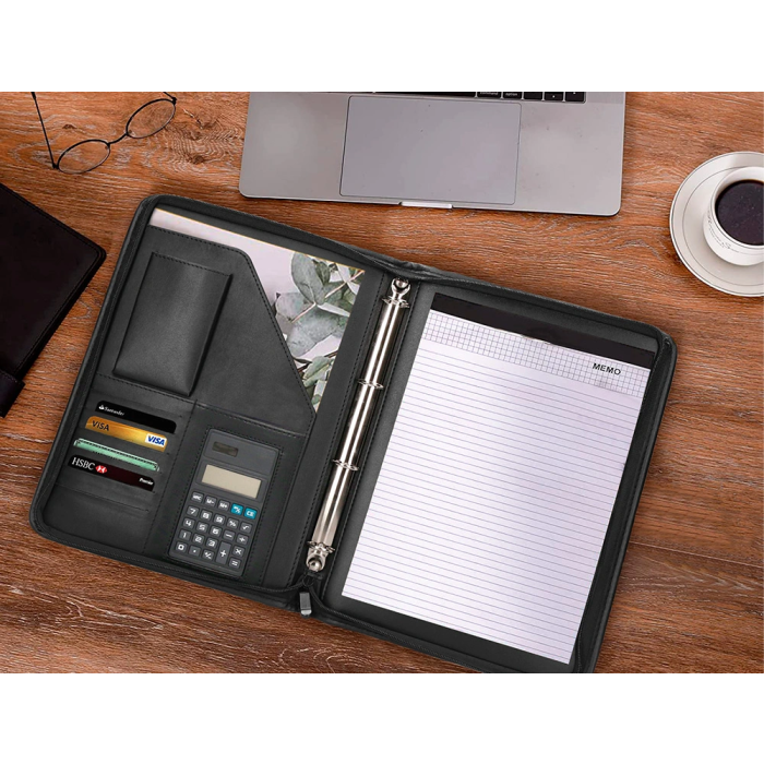 Q-connect Carpeta Portafolios con Cremallera, Calculadora y Bolsa para Móvil, Plástico tacto Piel, 260x355 mm, Negro 8