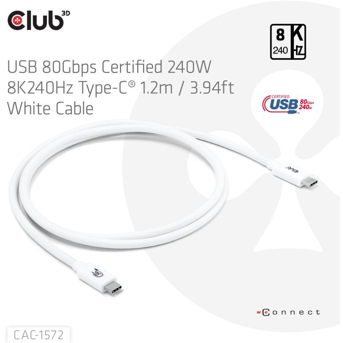 Club3D Kabel USB-C 80Gbps zertifi. PD240W/8K240Hz 1.2m weiß 1
