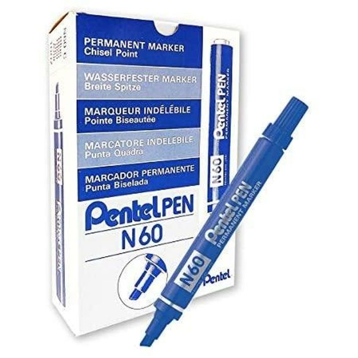 Pentel Pen N60 Marcador Permanente Aluminio Punta Biselada Azul -12U-