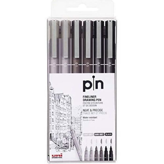 Uniball Marcador Permanente Pin-200S-6P Calibrado Surtido Gris & Negro Estuche 6 Ud