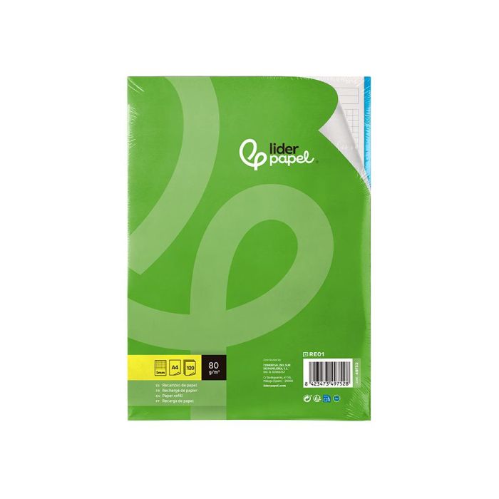 Recambio Liderpapel A4 120 Hojas 80 gr-M2 Cuadro 5 mm Sin Margen 4 Taladros Bandas De 5 Colores 1