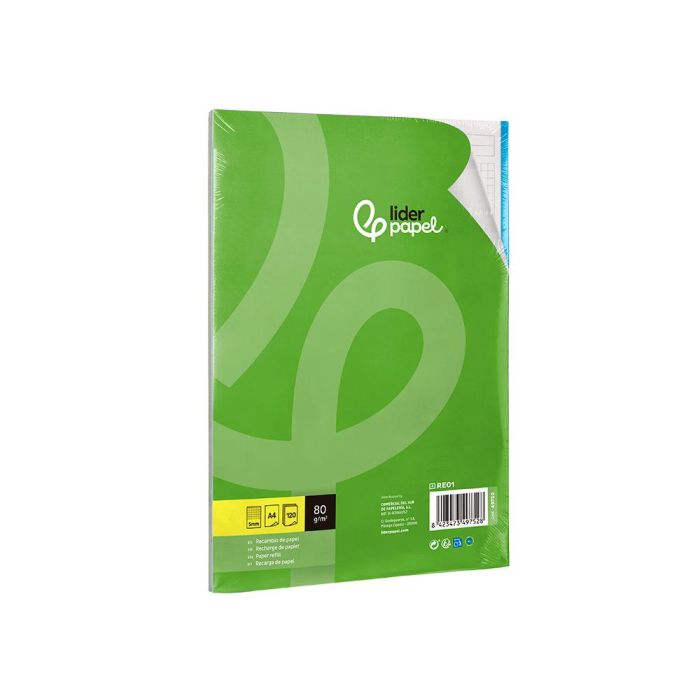 Recambio Liderpapel A4 120 Hojas 80 gr-M2 Cuadro 5 mm Sin Margen 4 Taladros Bandas De 5 Colores 3