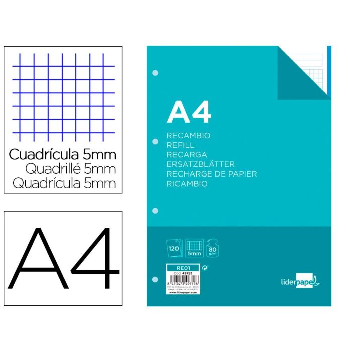 Recambio Liderpapel A4 120 Hojas 80 gr-M2 Cuadro 5 mm Sin Margen 4 Taladros Bandas De 5 Colores