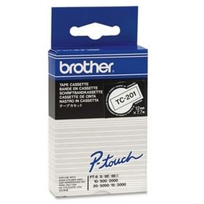 Cinta Laminada para Rotuladoras Brother TC-201 Blanco/Negro 12 mm 12 mm x 7,7 m