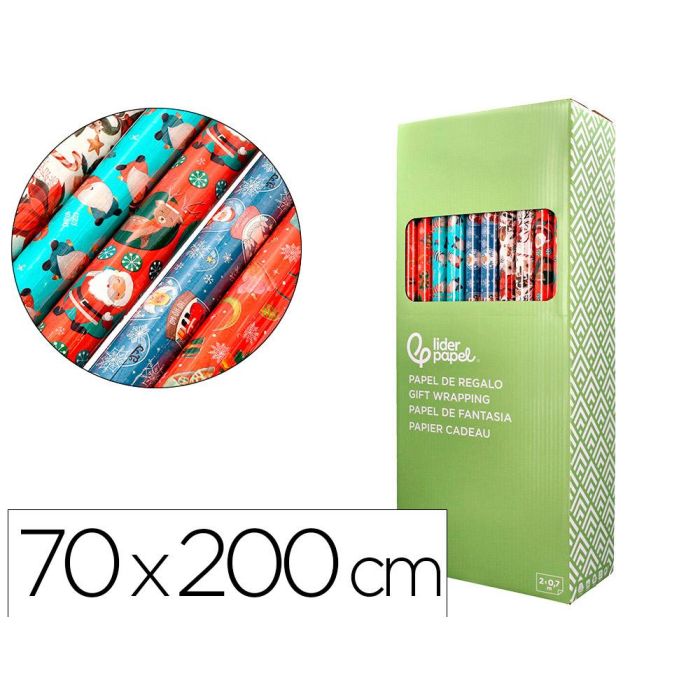 Papel De Regalo Liderpapel Navidad Rollo Ancho 70 cm Longitud 2 Mt Gramaje 60 gr Diseños Surtidos C-2024 50 unidades