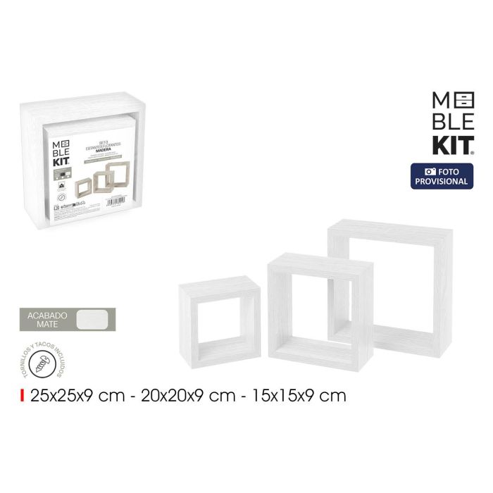 Moblekit Set 3 Estantes Flotantes Blancos - 25x25x9 cm, 20x20x9 cm y 15x15x9 cm (estimado para el tercero) (4 Unidades)