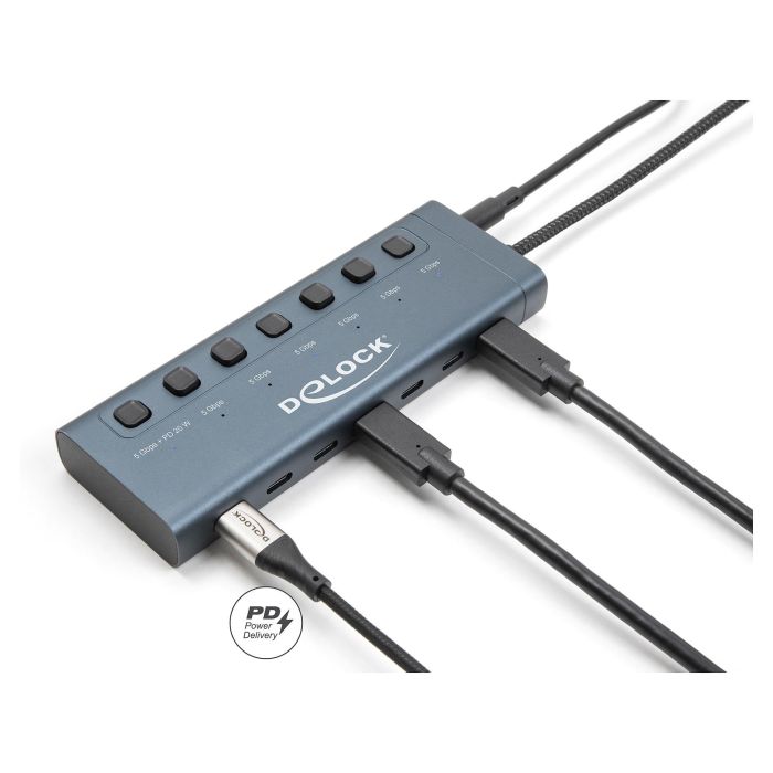 DeLOCK Hub USB-C 63410 con 7 Puertos USB 5 Gbps (6 Datos + 1 Datos/PD 20W), Metal Azul 2