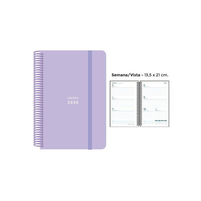 Agenda Anual (2026) Senfort Pastel Espiral Tapa Pp Con Goma 135X210 S/V Lila