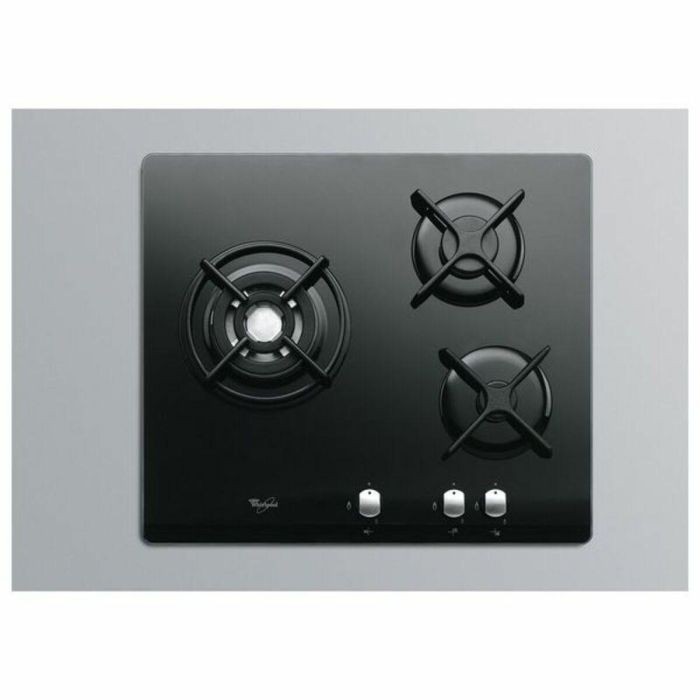 Whirlpool AKT404NB Cocina de gas de vidrio templado, 3 quemadores, 6350W, 59x51cm, Encendido con una mano, Negro Whirlpool AKT404NB Cocina de gas de vidrio templado, 3 quemadores, 6350W, 59x51cm, Encendido con una mano, Negro