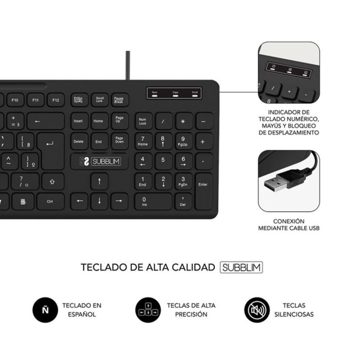 SUBBLIM Teclado Business Slim Silencioso con cable USB 2