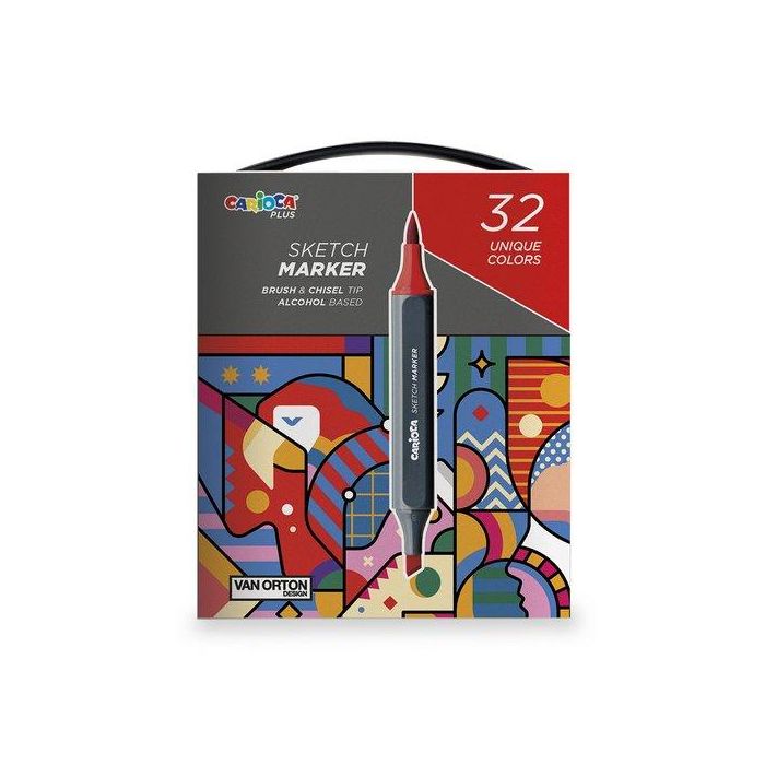 Carioca Sketch Marker Doble Punta Cincel-Pincel, Tinta Alcohol, Colores Surtidos, Caja Premium 32 Unidades