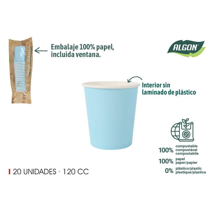 Set de 20 vasos de cartón azul baby 120 cc Algon (24 Unidades) Set de 20 vasos de cartón azul baby 120 cc Algon (24 Unidades)