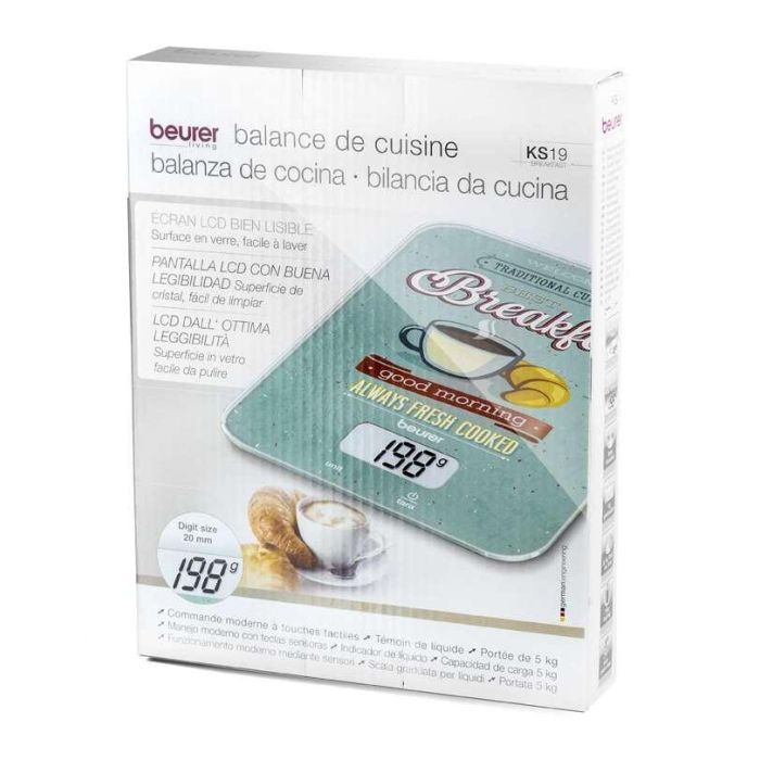 Beurer KS-19 Balanza de Cocina de Vidrio Ultra Plano, Pantalla LCD, Función Tara, 5 kg Máx. Capacidad 1