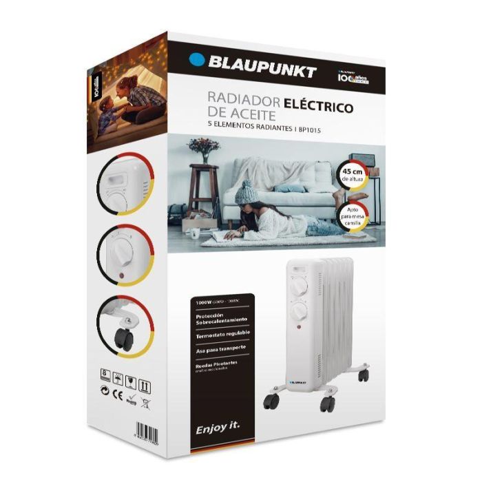 BLAUPUNKT Radiador de Aceite, 5 Elementos, 1000W, Calefactor Eléctrico, Altura 45 cm, Calefacción para Hogar