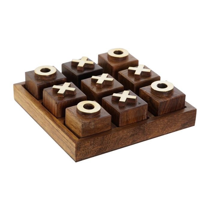 DKD Home Decor Juego Tic Tac Toe Colonial de Mango y Metal Natural y Dorado 13x13x4 cm - Set de 2 piezas