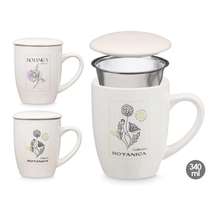 Vessia Taza Porcelana Botanica con Tapa y Filtro, Surtidos, 340 ml, 12 x 10 x 8 cm (Set de 24)