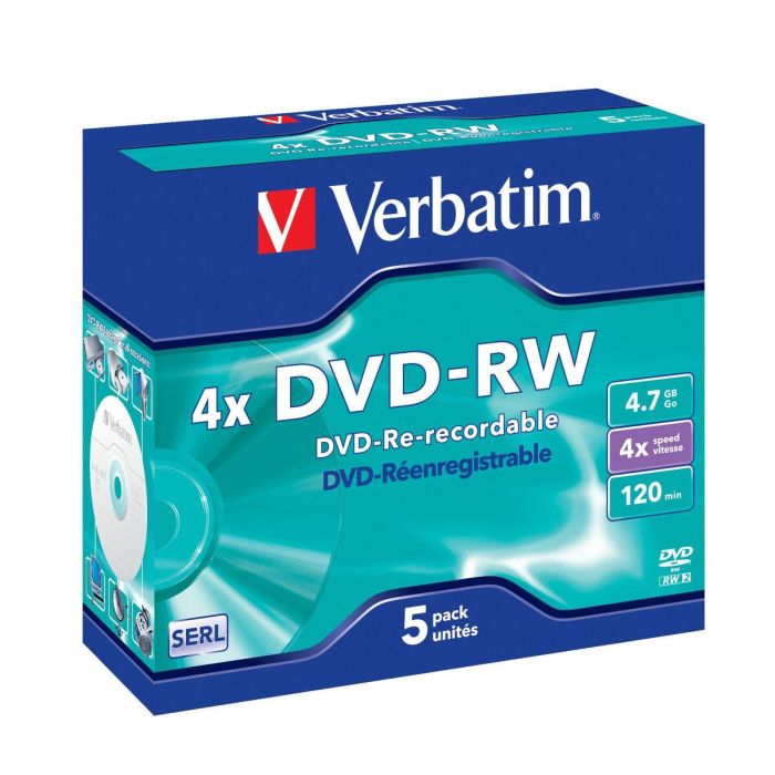 Verbatim Dvd-Rw, 4.7 grb, 4X, 5 Pack Jewel Case, Superficie Matt Silver