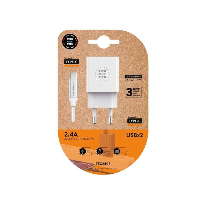 Cargador Tech-One-Tech Doble Pared Blanco + Cable Usb-Usb-C Alto Rendimiento 2,4A