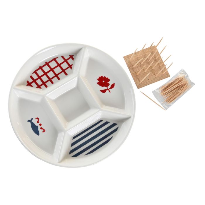 DKD Home Decor Casitas Aperitivo Mediterraneo Gres y Bambu Azul Rojo Blanco 23.5 x 7 x 23.5 cm 2