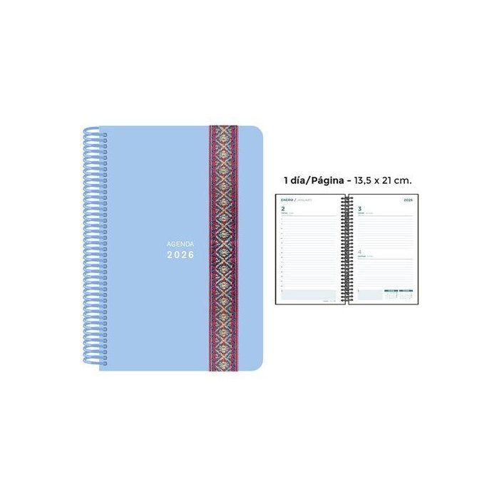 Agenda Anual (2026) Senfort Pastel Espiral Tapa Pp Con Goma Decorada 135X210 D/P Azul