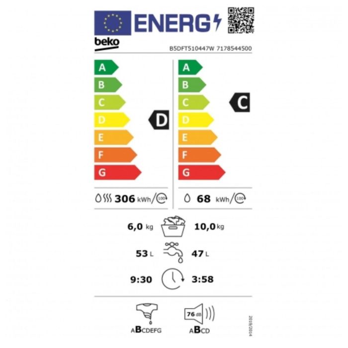 Lavadora - Secadora BEKO B5DFT510447W 1400 rpm 10 kg 10kg / 6kg 60 cm 1