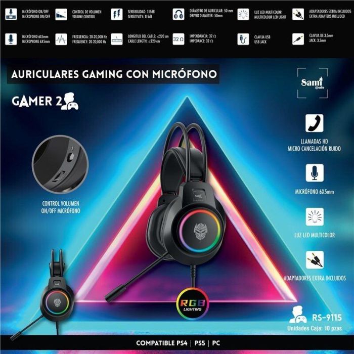SAMI Auriculares GAMER 2 con LED Multicolor y Microfono para Llamadas, Color Negro