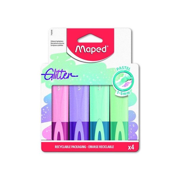 Maped Rotuladores Fluorescentes Peps Pastel con Glitter, Estuche de 4 Unidades, Colores Surtidos