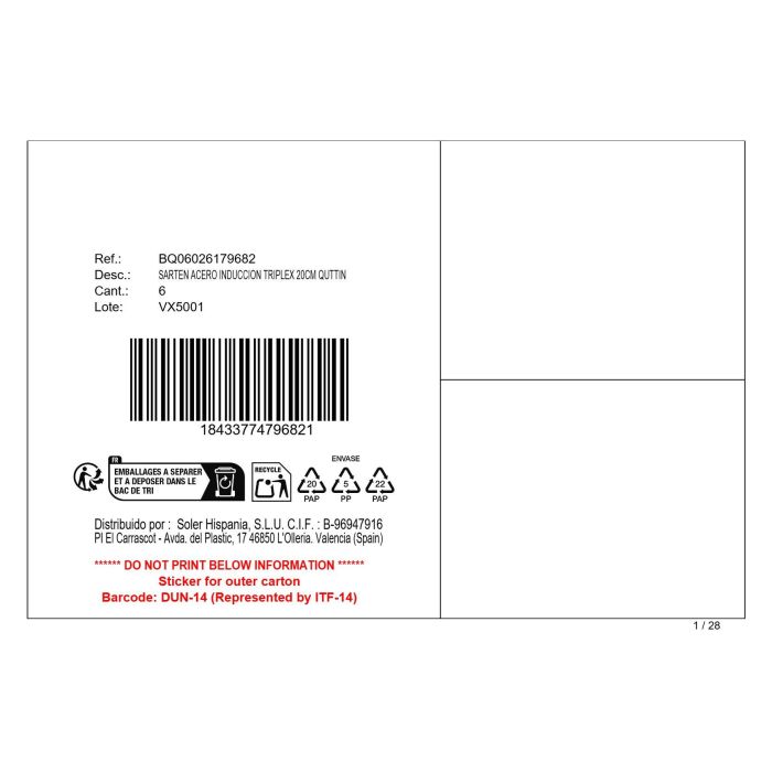 Inde - Sartén de acero para inducción Triplex, diámetro 20 cm, apto para todo tipo de cocinas (22 x 39 x 4 cm) (6 Unidades)