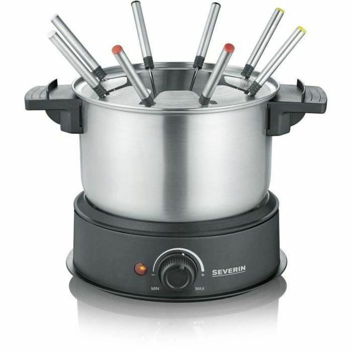 Severin FO2473 Fondue eléctrica para 8 personas con olla de acero inoxidable extraíble 1.4L, protector salpicaduras y 8 tenedores