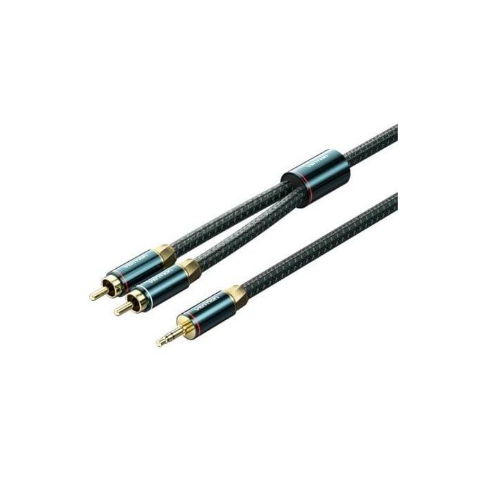 Vention BCSGF Cable Audio Jack 3.5mm Macho a 2x RCA Macho 1m, Conductores OFC 99.99%, Conectores Bañados Oro, Doble Blindaje, Trenzado Verde/Negro