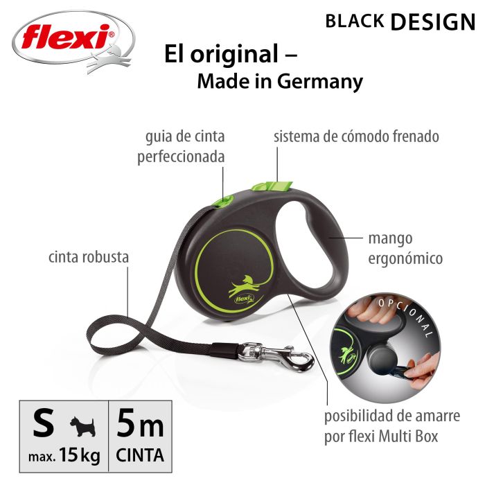Flexi Black Design S Correa de Cinta 5M Verde con Carcasa Negra 1