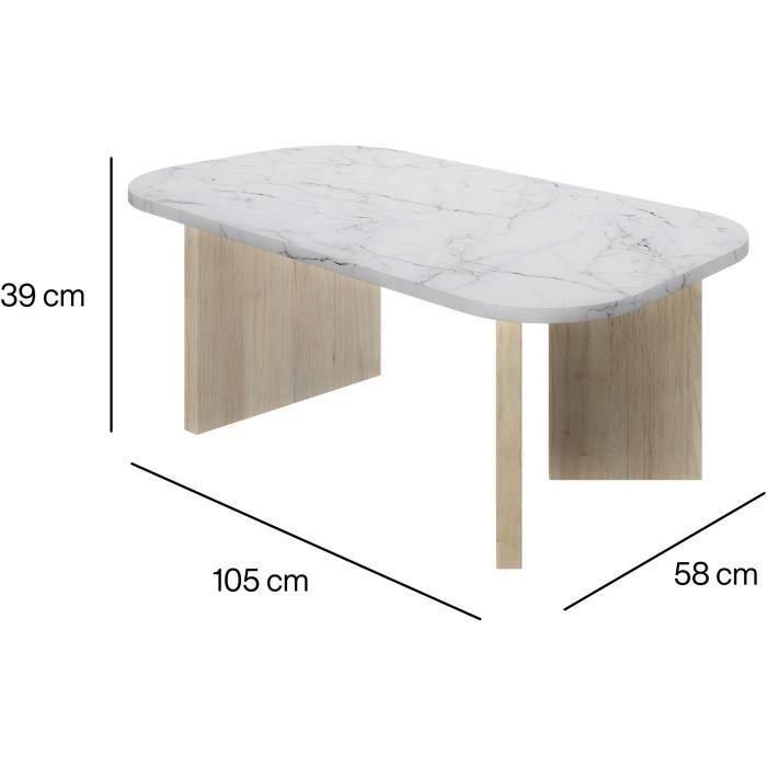 Mesa de centro ovalada - QUARTZ - Imitación mármol blanco - Patas gruesas de roble - 105 x 58 x 39 cm - DIAGONE 3