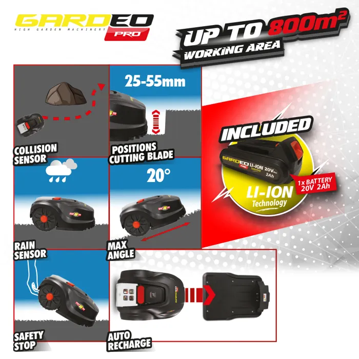 Gardeo Robot Cortacésped GRO20V20WIFI-2A 20V 800m² Programable con WiFi 3