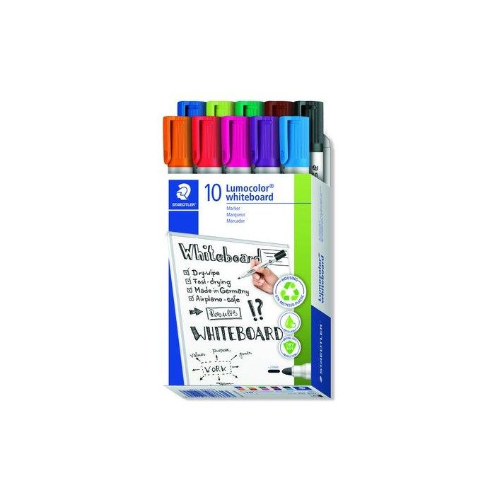 Staedtler Marcadores Pizarra Blanca Lumocolor 351 Punta Redonda, Secado Rápido, Inodoro, Estuche 10 Ud