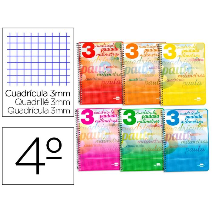 Cuaderno Espiral Liderpapel Cuarto Pautaguia Tapa Blanda 40H 75 gr Cuadro Pautado 3 mm Con Margen Colores Surtidos 10 unidades