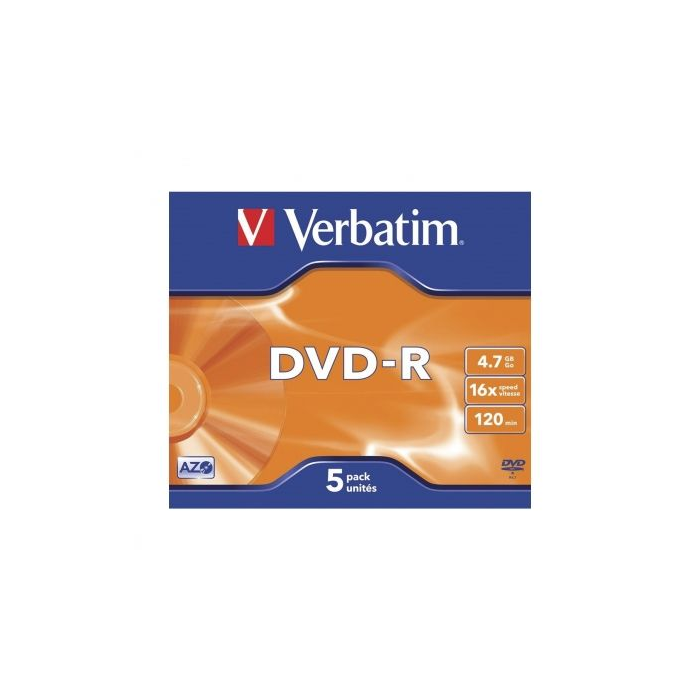 Verbatim DVD-R 4.7GB 16X 5 Pack Branded Jewel Case Superficie Matt Silver Verbatim DVD-R 4.7GB 16X 5 Pack Branded Jewel Case Superficie Matt Silver