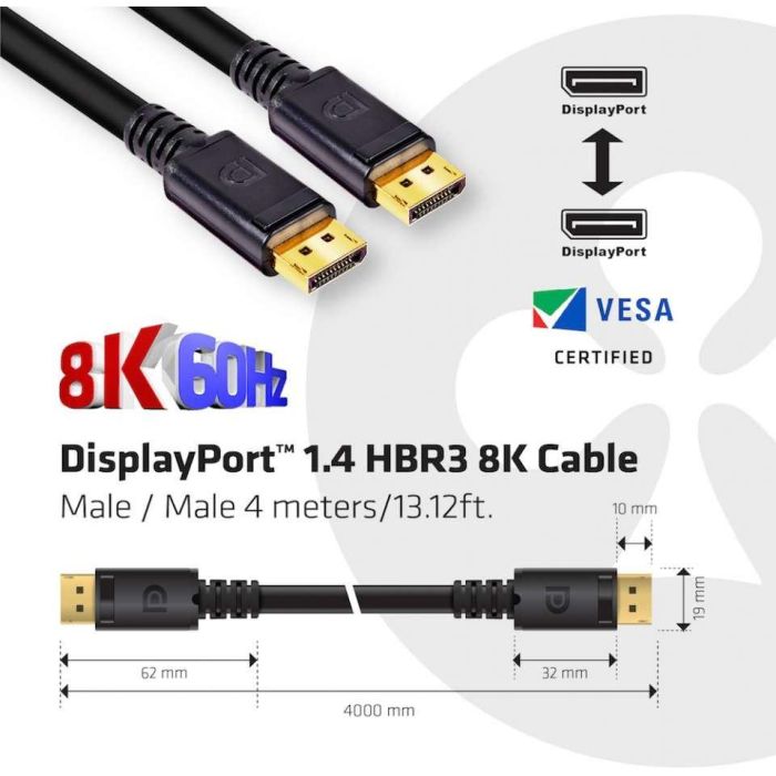Club3D Cable DisplayPort 1.4 HBR3 4m, 8K 60Hz Macho/Macho, 32.4Gb/s, Conectores Dorados Certificado VESA 2 Club3D Cable DisplayPort 1.4 HBR3 4m, 8K 60Hz Macho/Macho, 32.4Gb/s, Conectores Dorados Certificado VESA 2