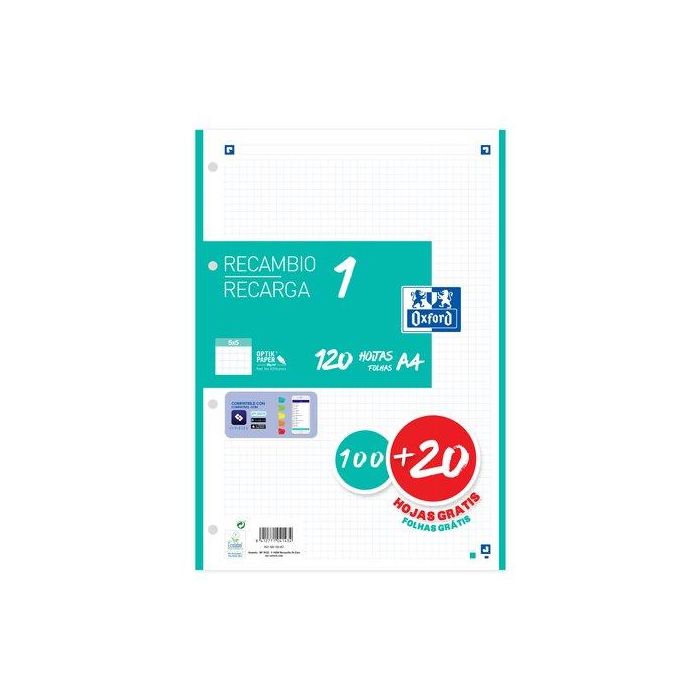 Oxford Recambio Classic 120 Hojas A4 Sueltas 90 gr, 5x5 mm, 4 Taladros, Banda Color Ice Mint, Compatible con SCRIBZEE