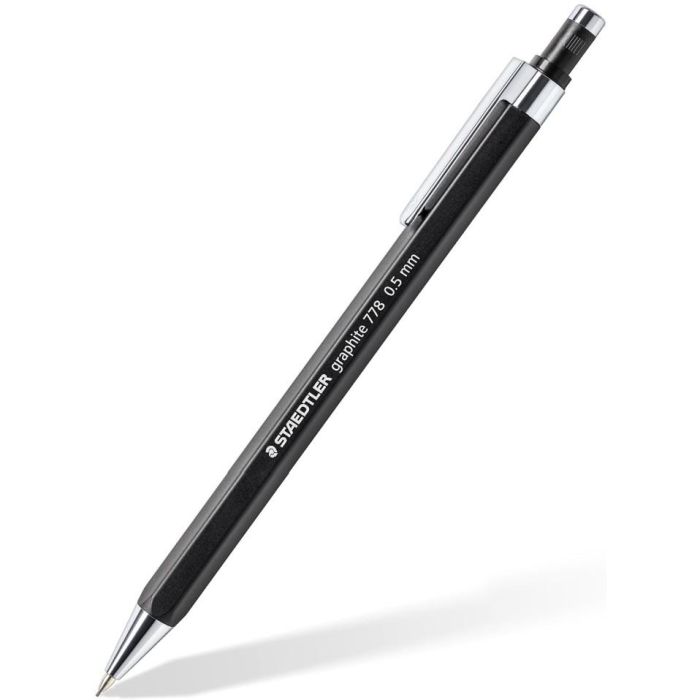STAEDTLER 778 05-9 Portaminas Graphite 0.5 mm negro con borrador y clip, cuerpo hexagonal, punta retráctil de metal