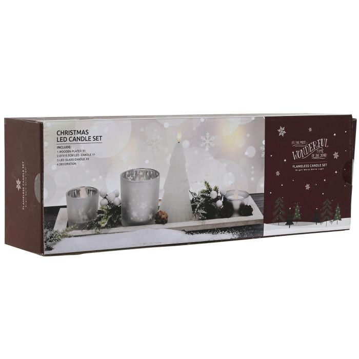 DKD Home Decor Portavela Navidad Moderna de Cristal Madera con Vela LED Blanco Plateado, Set 5 Piezas, 39x9x13.5 cm 3