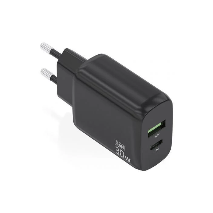 AISENS - CARGADOR GaN 30W, 1xUSB-C PD3.0 QC4.0, 1xUSB-A QC3.0, NEGRO