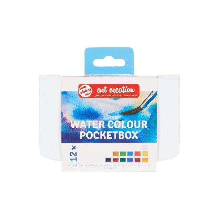 Talens Art Creation Acuarelas Pocket Box: Estuche con 12 Pastillas de Colores Surtidos, Pincel y Esponja de Viaje