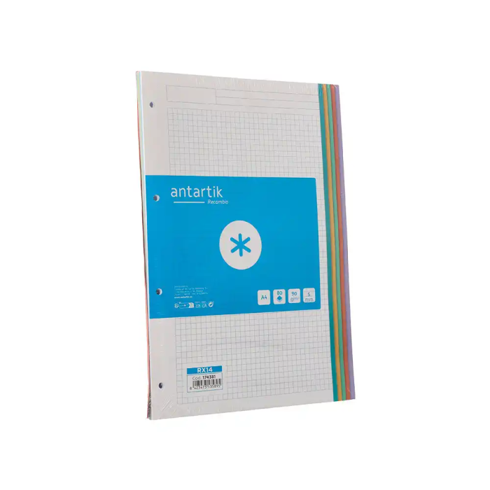 Antartik Recambio A4 80 Hojas 90gr Cuadro 5 mm 4 Taladros Bandas de 5 Colores Pastel 3