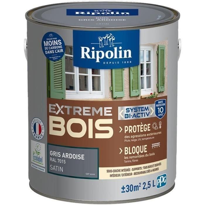 Pintura para Madera - Interior/Exterior - RIPOLIN - Ultra cubriente - Resiste la intemperie, los rayos UV y los golpes - Satinada - Gris Pizarra -