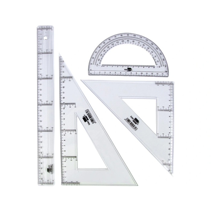 Liderpapel Juego de Reglas Escuadra 25cm, Cartabón 25cm, Regla 30cm y Semicírculo 15cm en Petaca Incolora 2