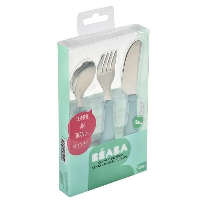 BEABA Set de 3 cubiertos de acero inoxidable verde claro 3 BEABA Set de 3 cubiertos de acero inoxidable verde claro 3